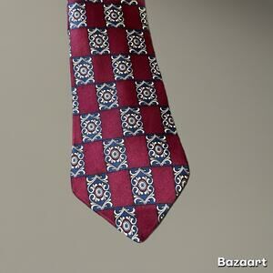 Elizabeth Nell Geometric Print Mens Tie Burgundy Navy 100% Silk Made in USA